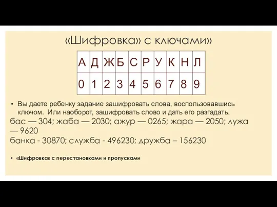 «Шифровка» с ключами» Вы даете ребенку задание зашифровать слова, воспользовавшись ключом. Или наоборот,