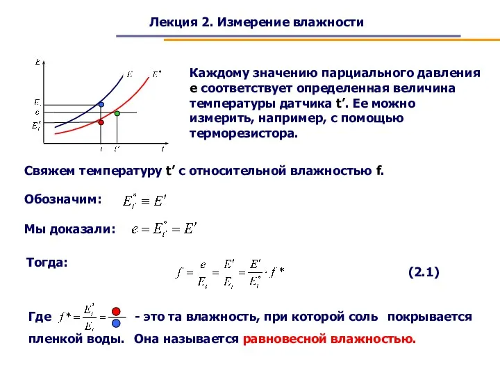 Лекция 2. Измерение влажности Каждому значению парциального давления e соответствует