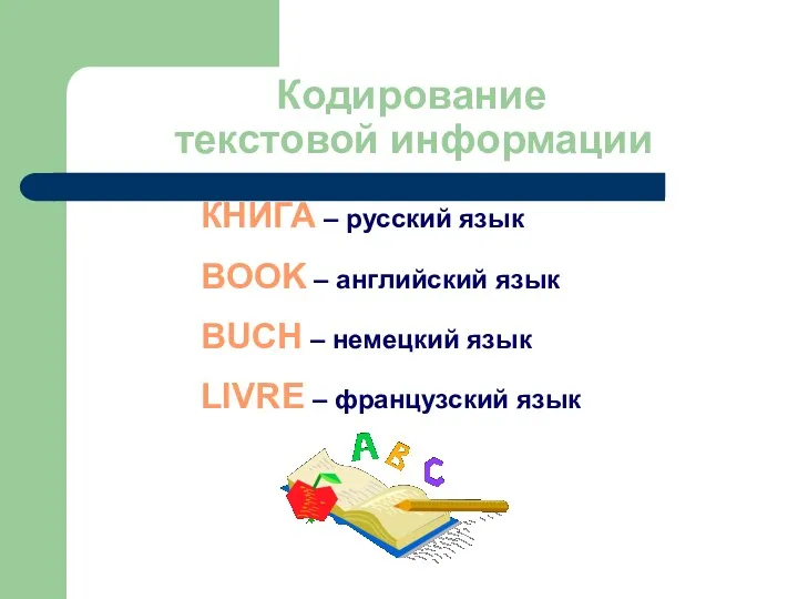 Кодирование текстовой информации КНИГА – русский язык BOOK – английский