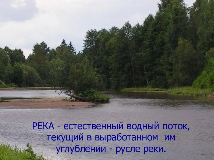 РЕКА - естественный водный поток, текущий в выработанном им углублении - русле реки.