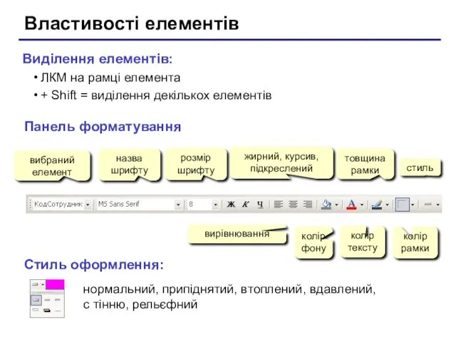 Властивості елементів Панель форматування вибраний елемент назва шрифту розмір шрифту