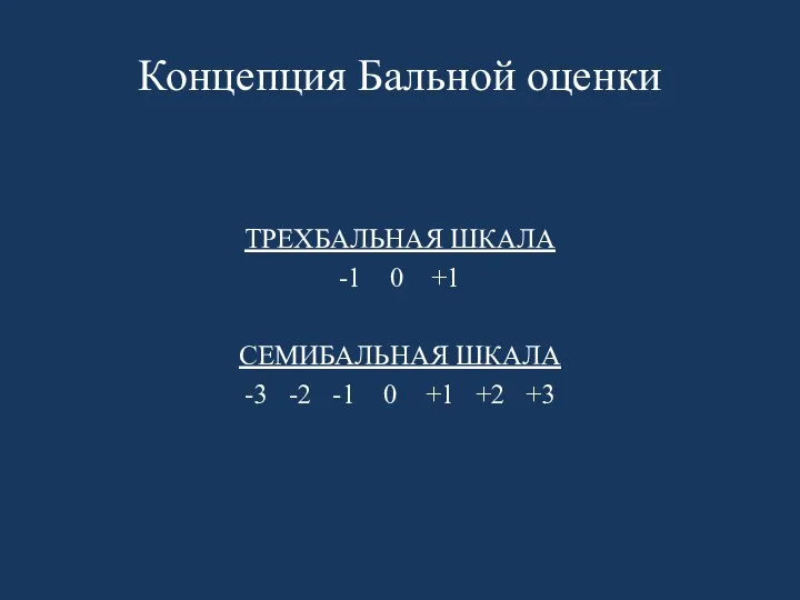 Концепция Бальной оценки ТРЕХБАЛЬНАЯ ШКАЛА -1 0 +1 СЕМИБАЛЬНАЯ ШКАЛА