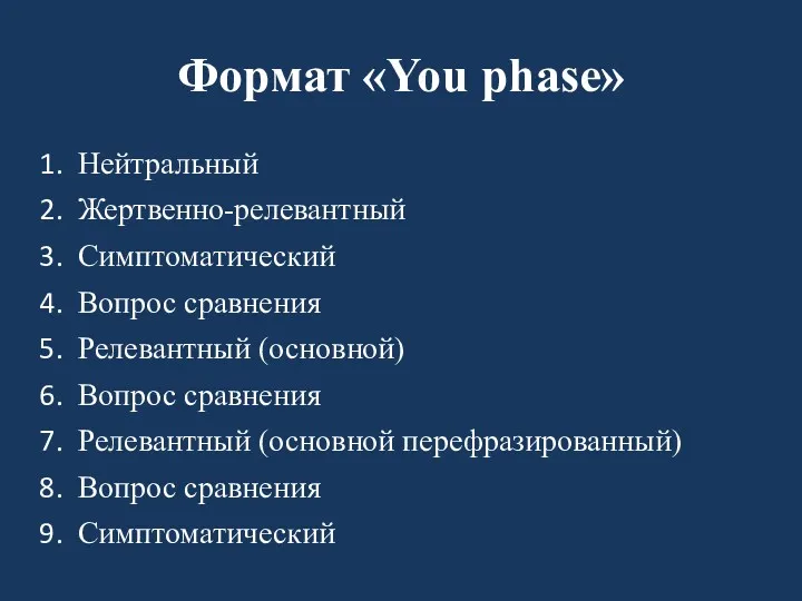 Формат «You phase» Нейтральный Жертвенно-релевантный Симптоматический Вопрос сравнения Релевантный (основной)