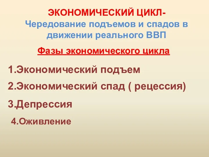 ЭКОНОМИЧЕСКИЙ ЦИКЛ- Чередование подъемов и спадов в движении реального ВВП