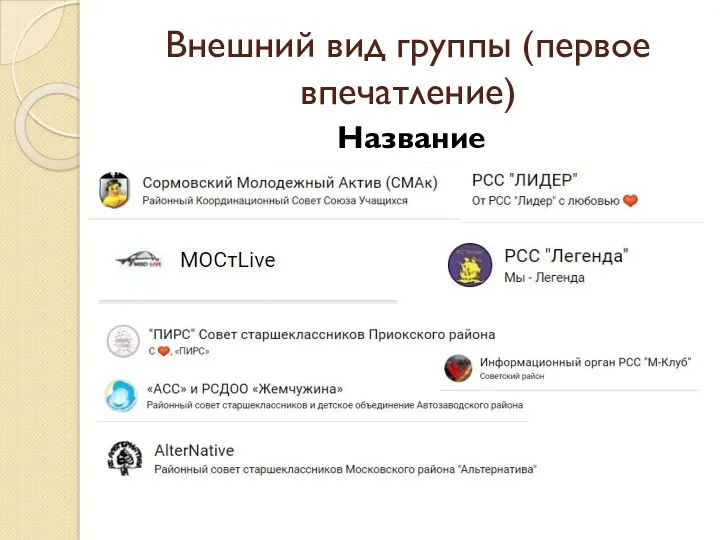 Внешний вид группы (первое впечатление) Название