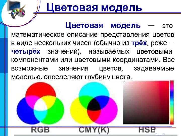 Цветовая модель — это математическое описание представления цветов в виде нескольких чисел (обычно