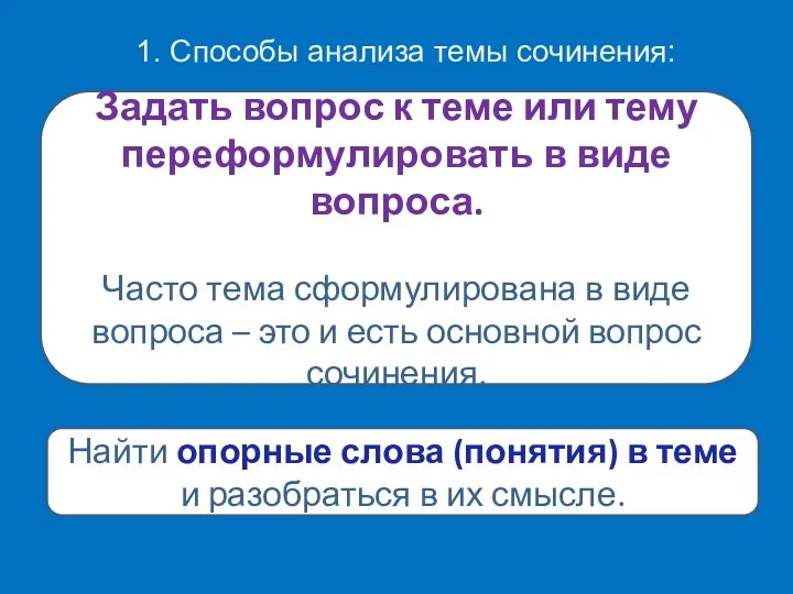 1. Способы анализа темы сочинения: Задать вопрос к теме или