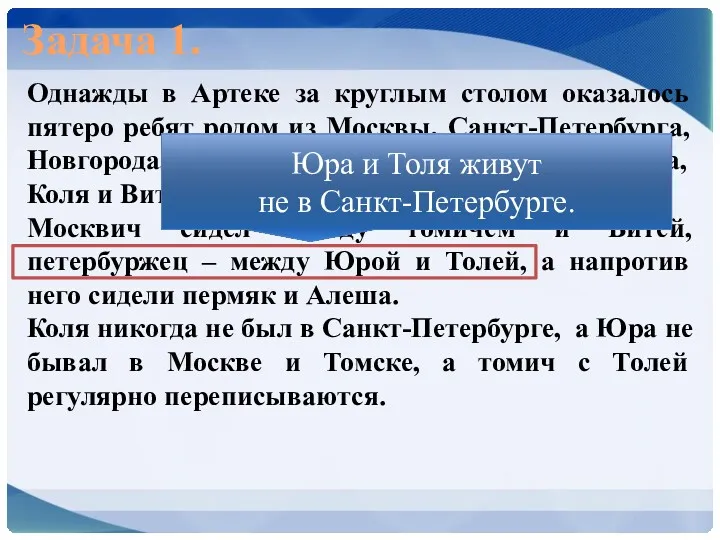 Задача 1. Однажды в Артеке за круглым столом оказалось пятеро