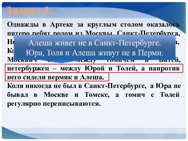 Задача 1. Однажды в Артеке за круглым столом оказалось пятеро