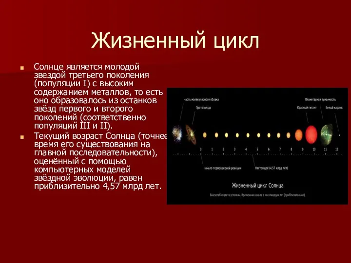 Жизненный цикл Солнце является молодой звездой третьего поколения (популяции I) с высоким содержанием