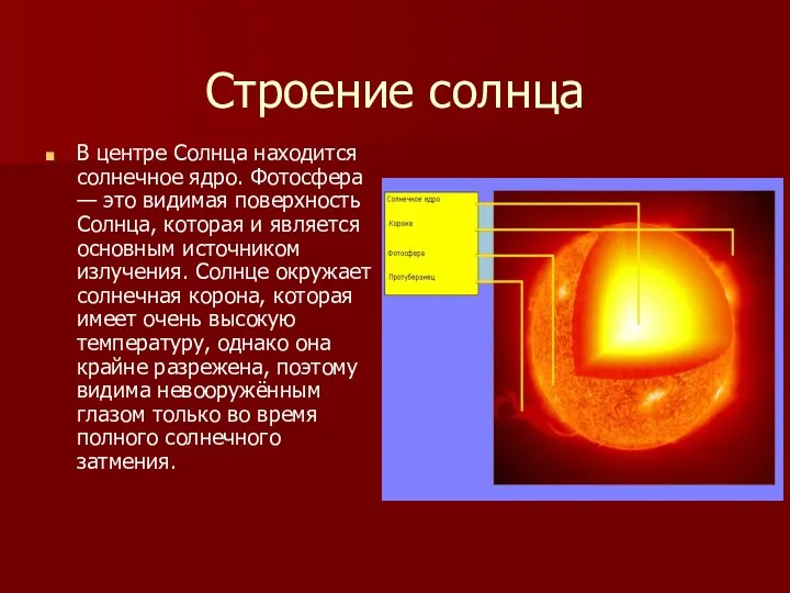 Строение солнца В центре Солнца находится солнечное ядро. Фотосфера —