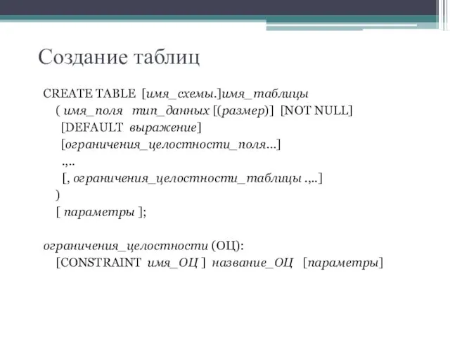 Создание таблиц CREATE TABLE [имя_схемы.]имя_таблицы ( имя_поля тип_данных [(размер)] [NOT NULL] [DEFAULT выражение]