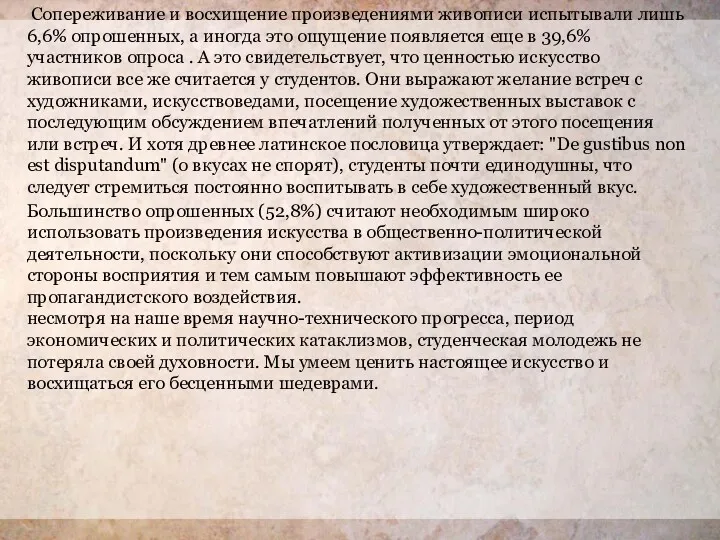 Сопереживание и восхищение произведениями живописи испытывали лишь 6,6% опрошенных, а