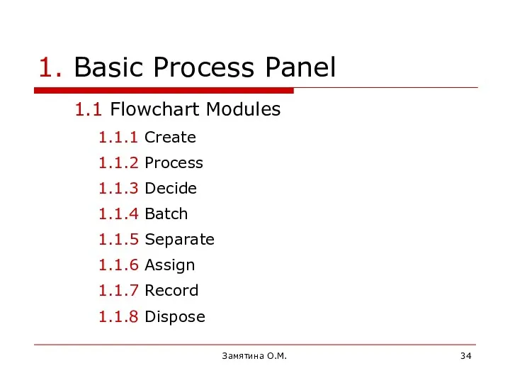 Замятина О.М. 1. Basic Process Panel 1.1 Flowchart Modules 1.1.1