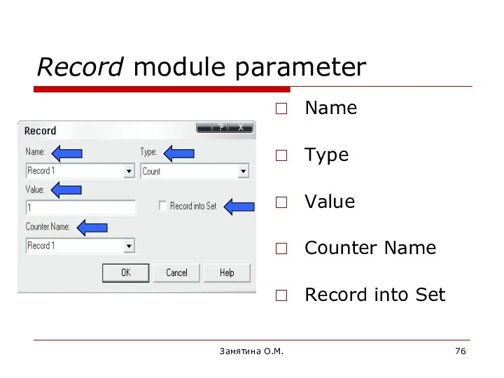 Замятина О.М. Record module parameter Name Type Value Counter Name Record into Set