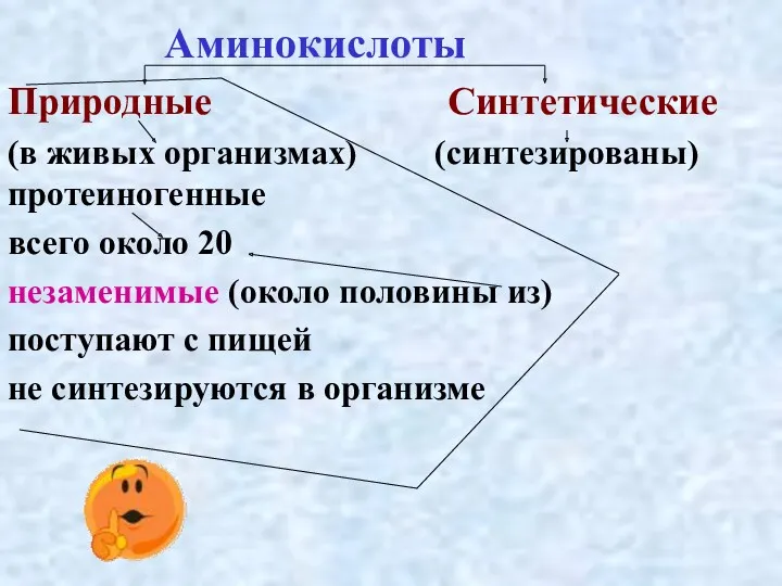 Аминокислоты Природные Синтетические (в живых организмах) (синтезированы) протеиногенные всего около