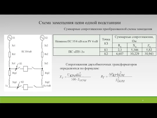 Схема замещения цепи одной подстанции Суммарные сопротивления преобразованной схемы замещения Сопротивления двухобмоточных трансформаторов определяются по формулам: