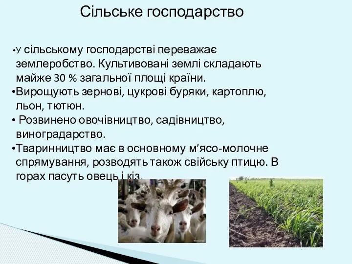 Сільське господарство У сільському господарстві переважає землеробство. Культивовані землі складають