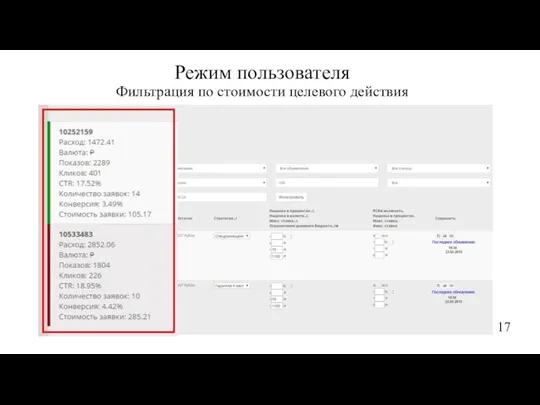 Режим пользователя Фильтрация по стоимости целевого действия