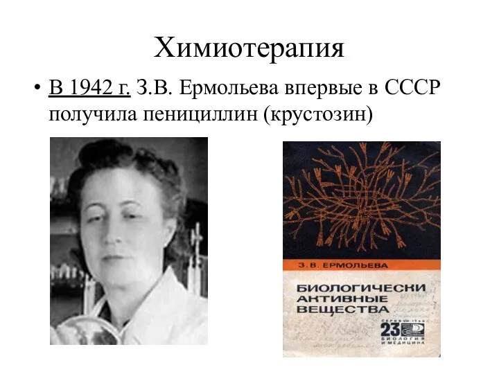 Химиотерапия В 1942 г. З.В. Ермольева впервые в СССР получила пенициллин (крустозин)