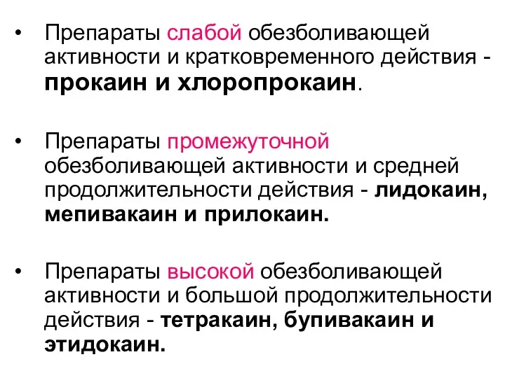 Препараты слабой обезболивающей активности и кратковременного действия - прокаин и