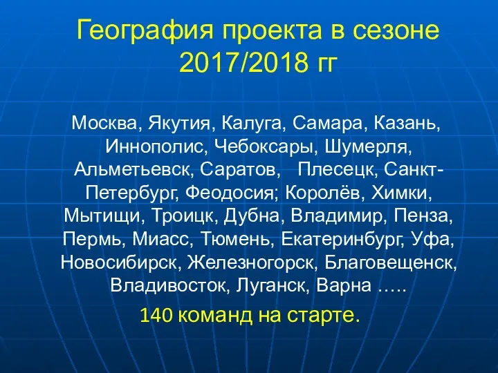 География проекта в сезоне 2017/2018 гг Москва, Якутия, Калуга, Самара,