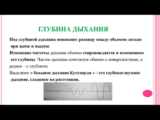 ГЛУБИНА ДЫХАНИЯ Под глубиной дыхания понимают разницу между объемом легких