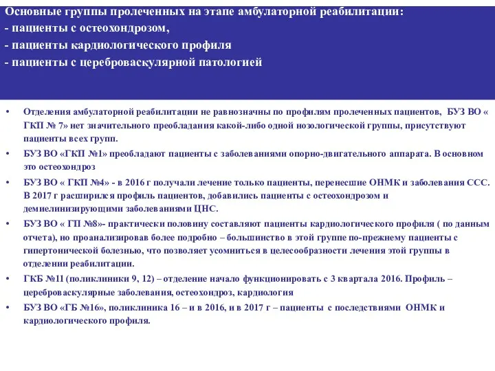 Основные группы пролеченных на этапе амбулаторной реабилитации: - пациенты с