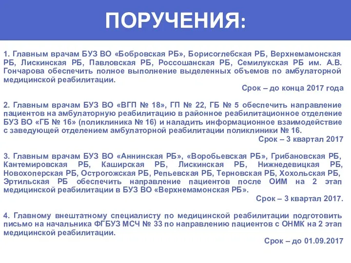 ПОРУЧЕНИЯ: 1. Главным врачам БУЗ ВО «Бобровская РБ», Борисоглебская РБ,