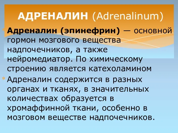 Адреналин (эпинефрин) — основной гормон мозгового вещества надпочечников, а также