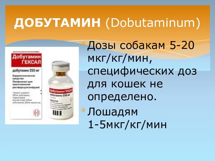 ДОБУТАМИН (Dobutaminum) Дозы собакам 5-20 мкг/кг/мин, специфических доз для кошек не определено. Лошадям 1-5мкг/кг/мин