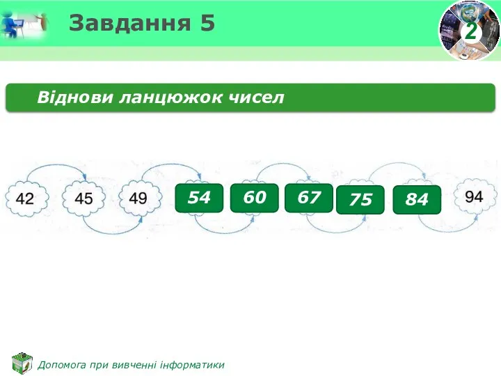 Завдання 5 Віднови ланцюжок чисел 54 60 67 75 84