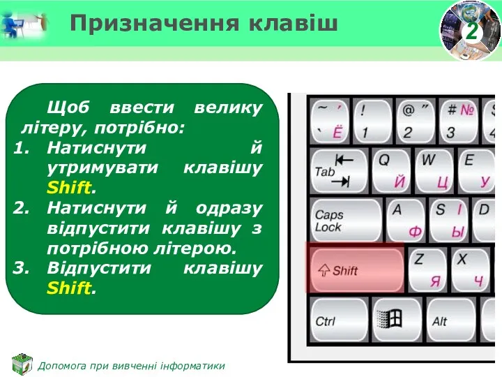 Призначення клавіш Щоб ввести велику літеру, потрібно: Натиснути й утримувати