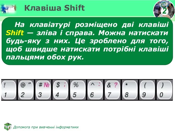 Клавіша Shift На клавіатурі розміщено дві клавіші Shift — зліва
