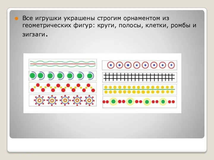 Все игрушки украшены строгим орнаментом из геометрических фигур: круги, полосы, клетки, ромбы и зигзаги.