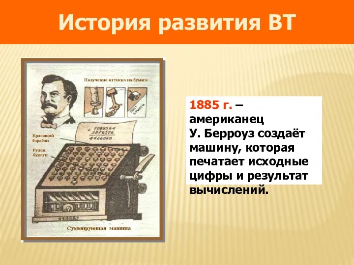 1885 г. – американец У. Берроуз создаёт машину, которая печатает