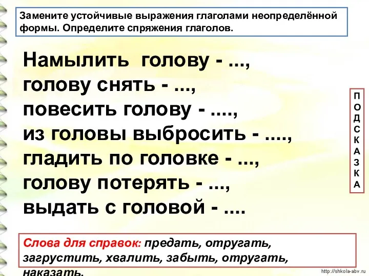 Замените устойчивые выражения глаголами неопределённой формы. Определите спряжения глаголов. Намылить