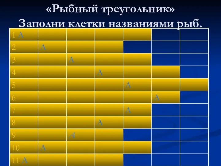 «Рыбный треугольник» Заполни клетки названиями рыб.