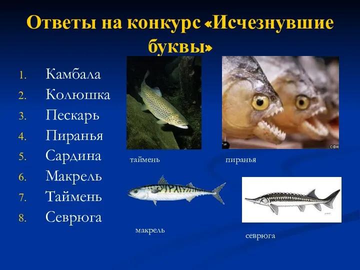 Ответы на конкурс «Исчезнувшие буквы» Камбала Колюшка Пескарь Пиранья Сардина