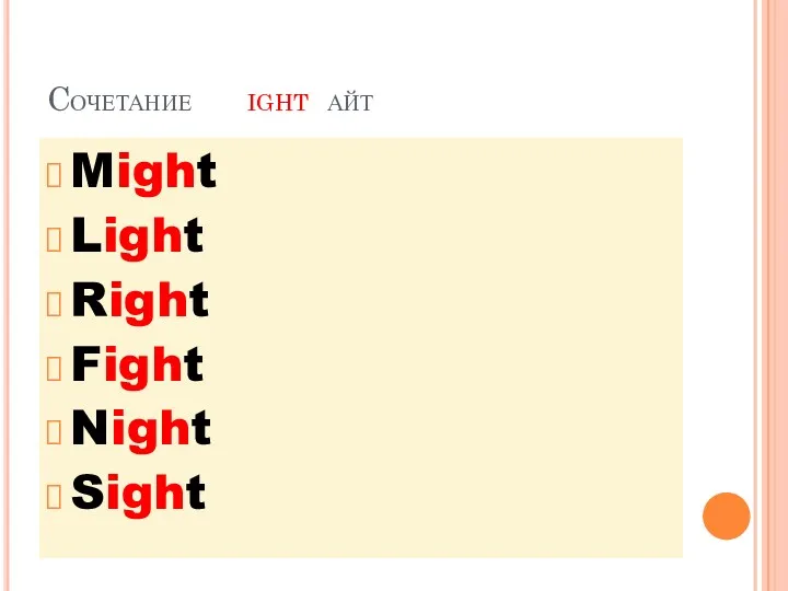 Cочетание ight айт Might Light Right Fight Night Sight