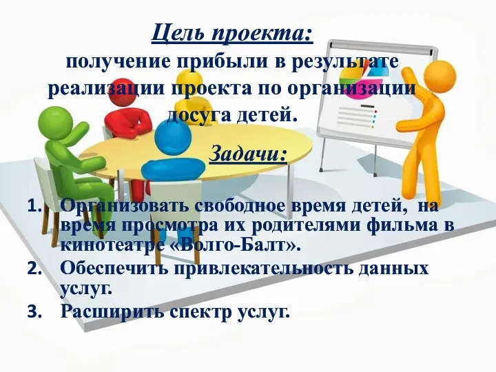 Цель проекта: получение прибыли в результате реализации проекта по организации досуга детей. Задачи: