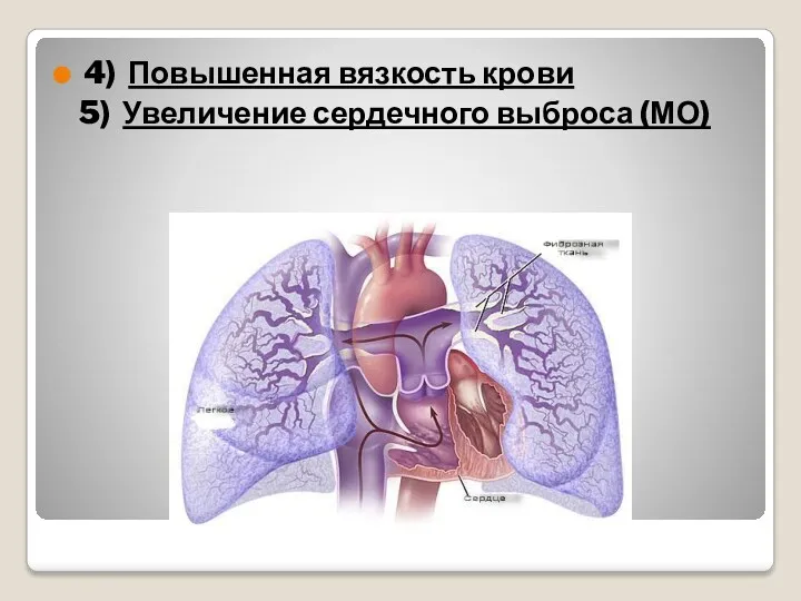 4) Повышенная вязкость крови 5) Увеличение сердечного выброса (МО)