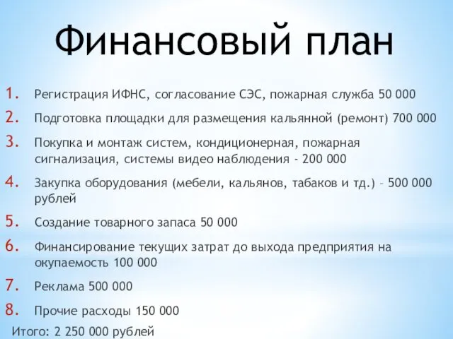 Финансовый план Регистрация ИФНС, согласование СЭС, пожарная служба 50 000