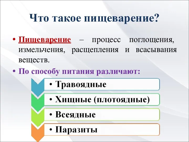 Что такое пищеварение? Пищеварение – процесс поглощения, измельчения, расщепления и всасывания веществ. По способу питания различают: