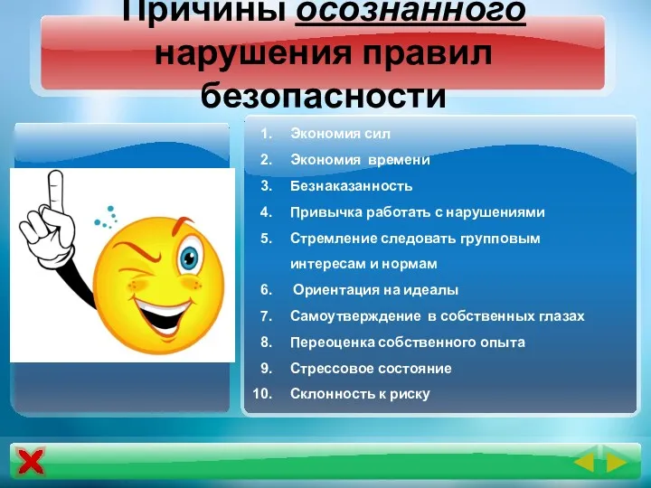 Причины осознанного нарушения правил безопасности Экономия сил Экономия времени Безнаказанность