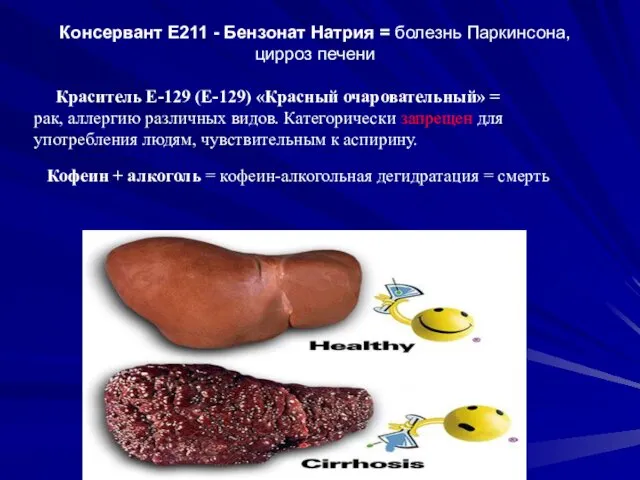 Консервант Е211 - Бензонат Натрия = болезнь Паркинсона, цирроз печени Краситель E-129 (Е-129)
