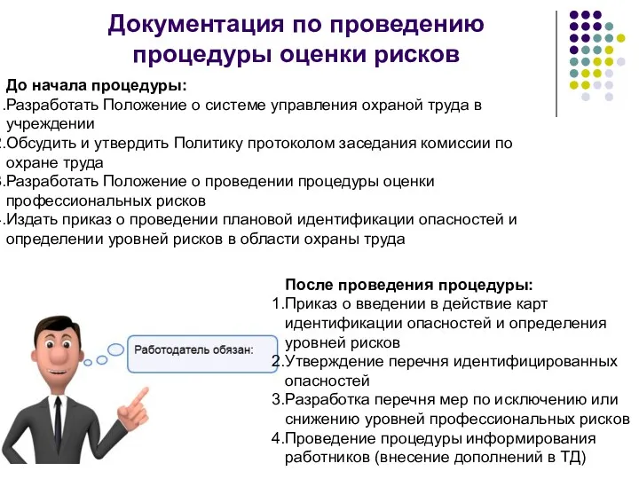 Документация по проведению процедуры оценки рисков До начала процедуры: Разработать Положение о системе