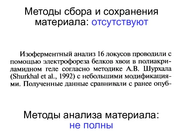 Методы сбора и сохранения материала: отсутствуют Методы анализа материала: не полны