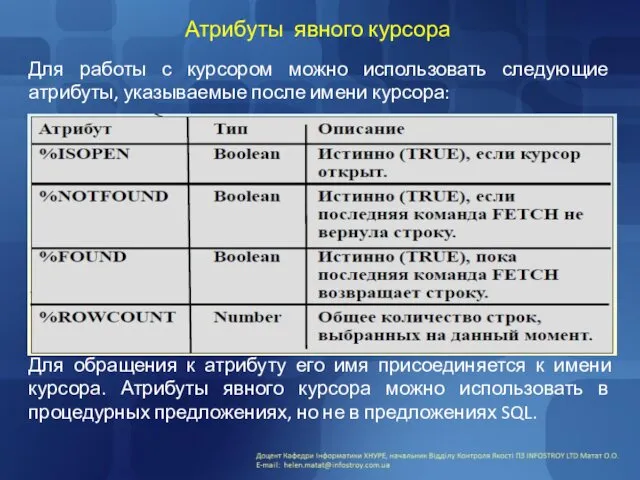 Атрибуты явного курсора Для работы с курсором можно использовать следующие