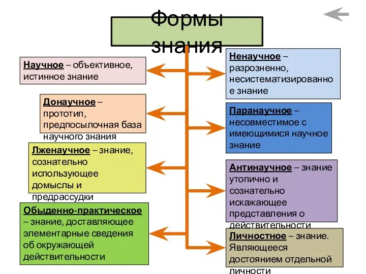 Формы знания Научное – объективное, истинное знание Донаучное – прототип,